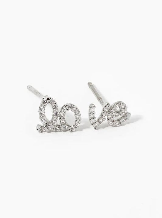 White Gold Dipped CZ Pave Italic Love Stud Earrings