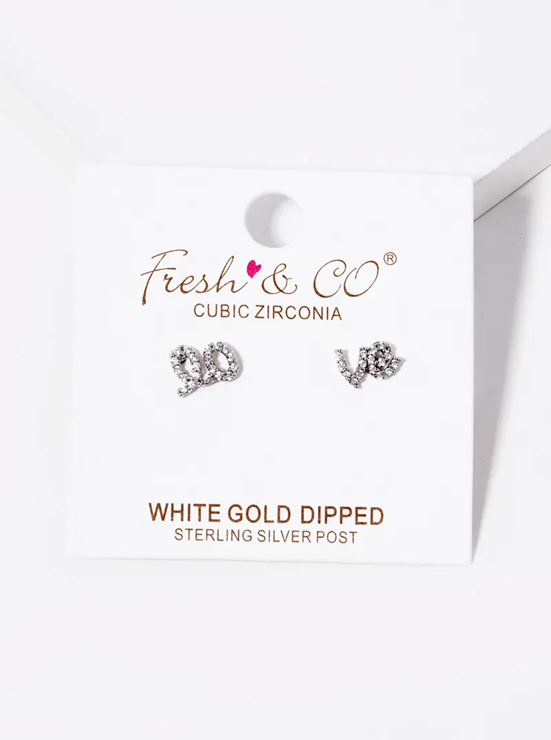 White Gold Dipped CZ Pave Italic Love Stud Earrings
