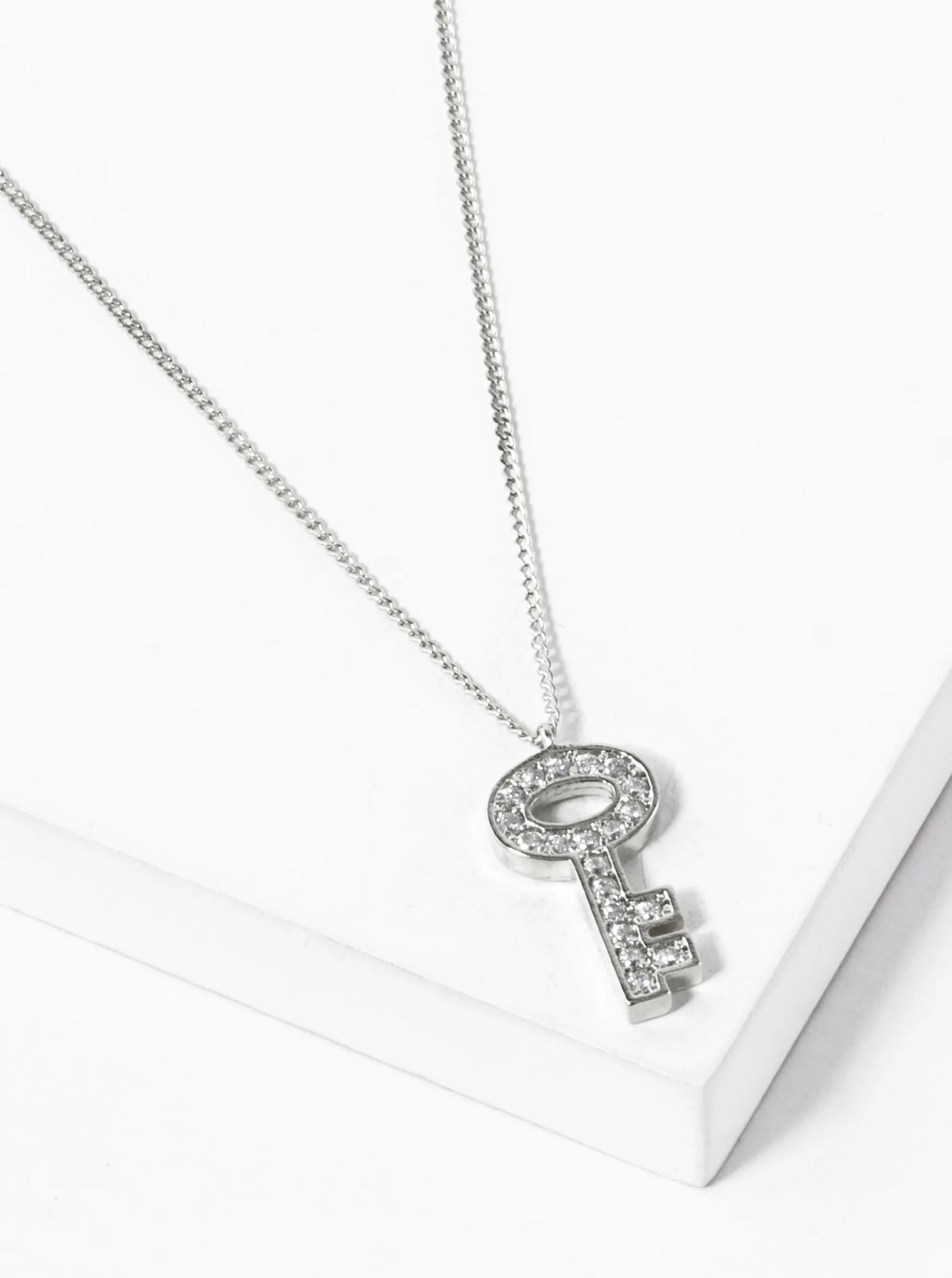 White Gold Dipped CZ Pave Key Pendant Necklace