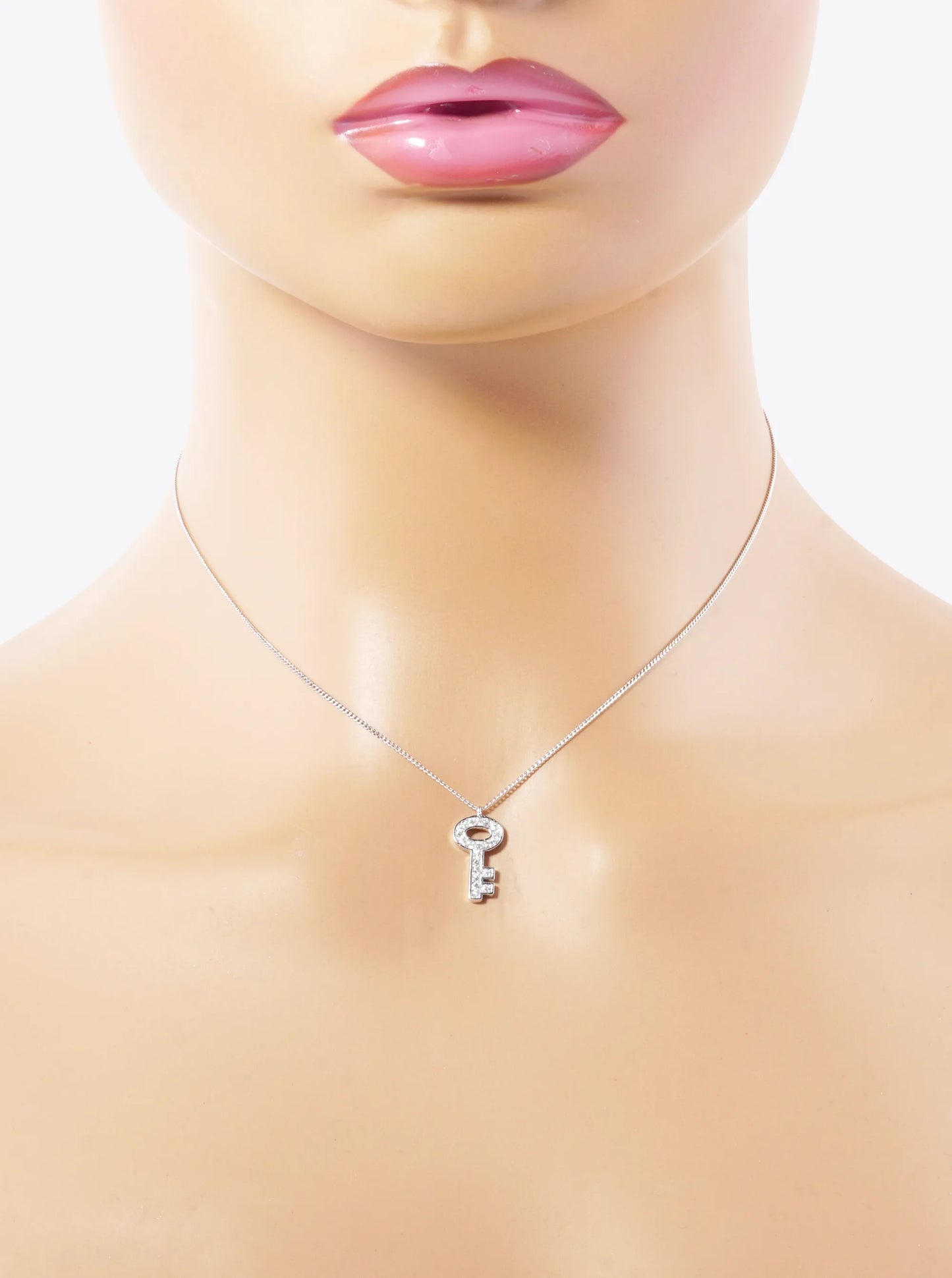White Gold Dipped CZ Pave Key Pendant Necklace