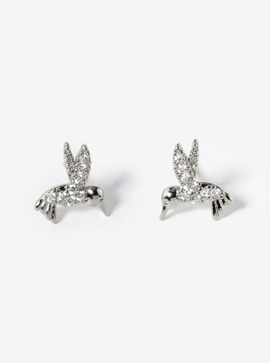 White Gold Dipped CZ Pave Kingfisher Bird Stud Earrings