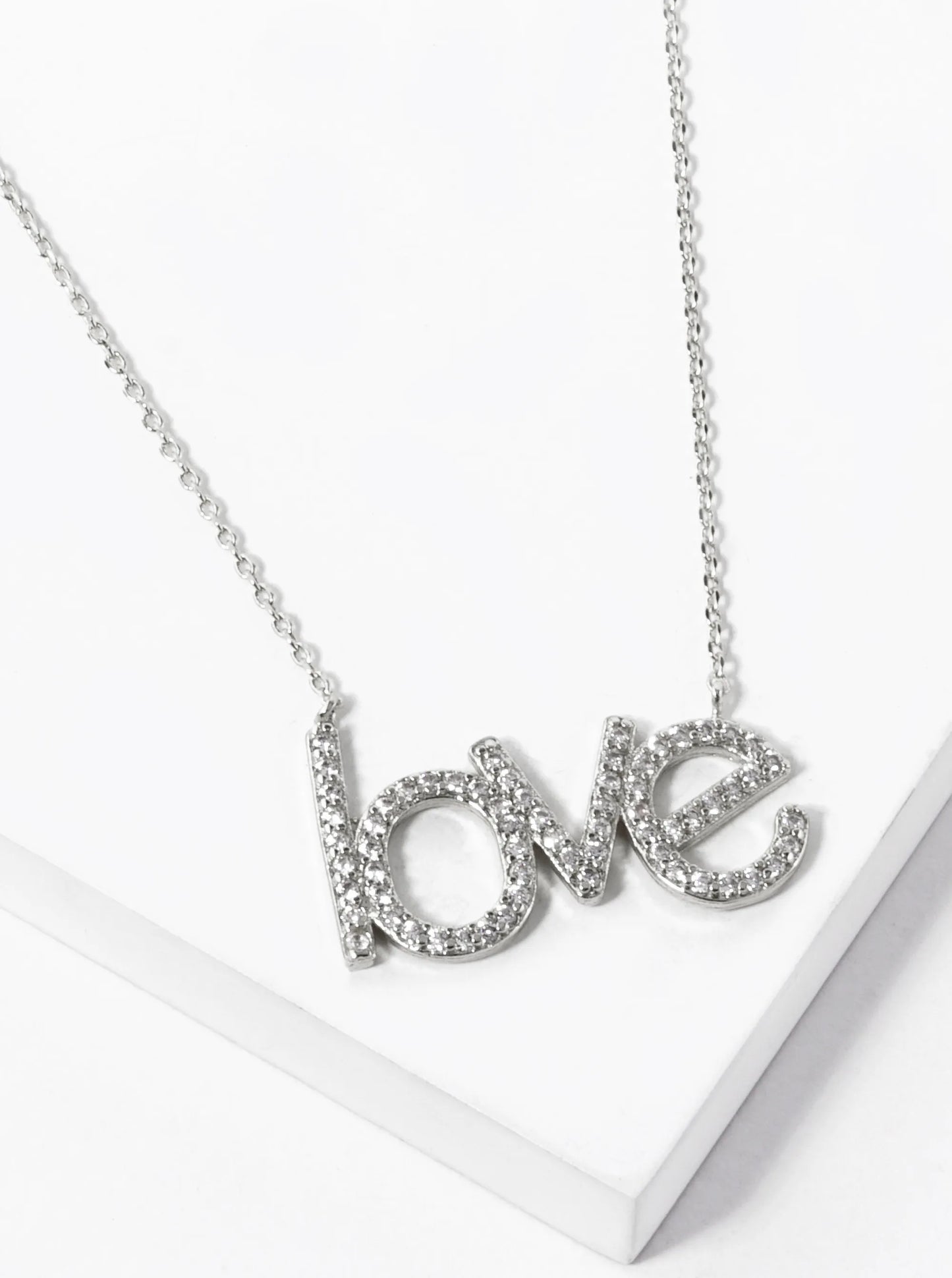 White Gold Dipped CZ Pave Love Word Pendant Necklace
