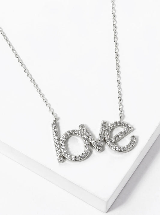 White Gold Dipped CZ Pave Love Word Pendant Necklace