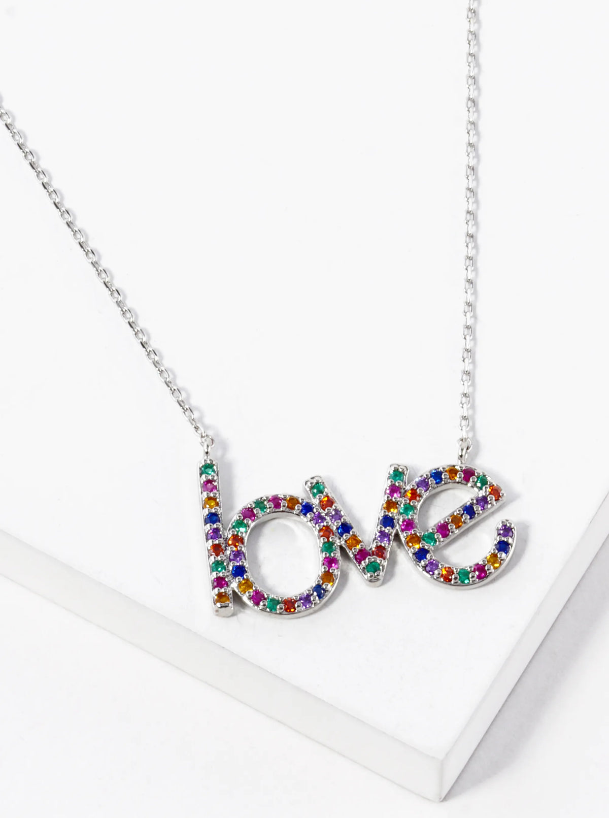 18K Gold Dipped CZ Pave Love Word Pendant Necklace Rhodium-Multi