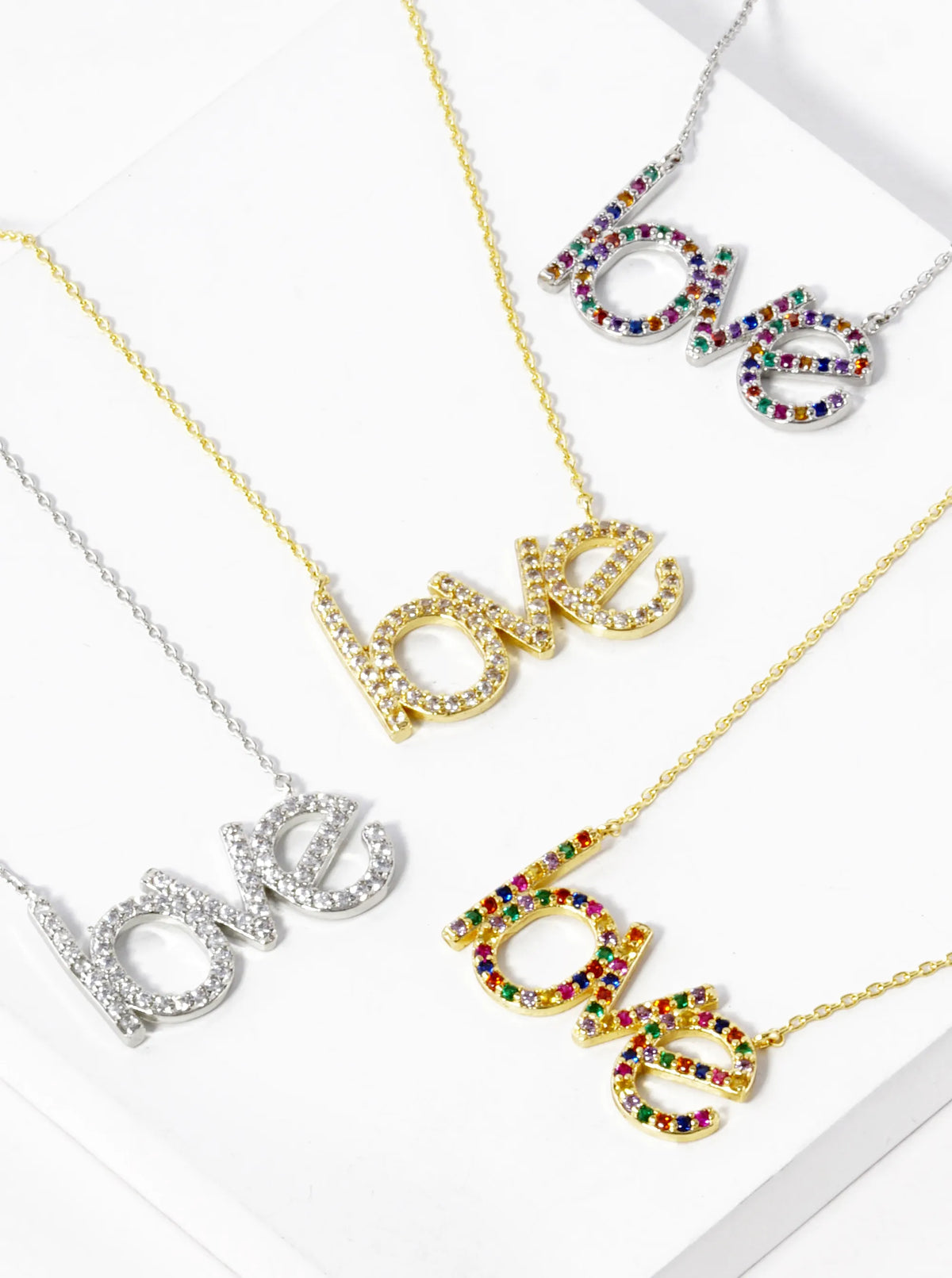 18K Gold Dipped CZ Pave Love Word Pendant Necklace Rhodium-Multi