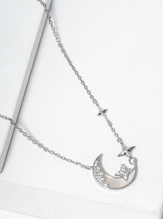 White Gold Dipped CZ Pave MOP Crescent Moon Pendant Necklace