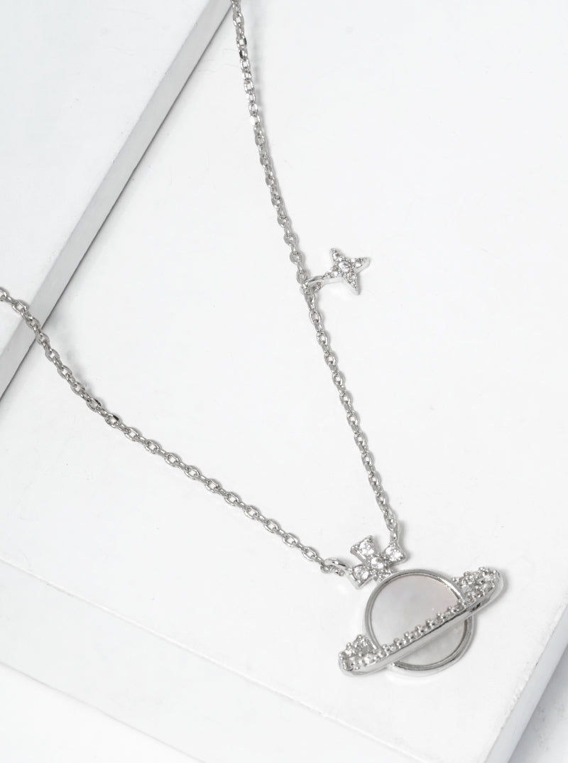 White Gold Dipped CZ Pave MOP Saturn Pendant Necklace