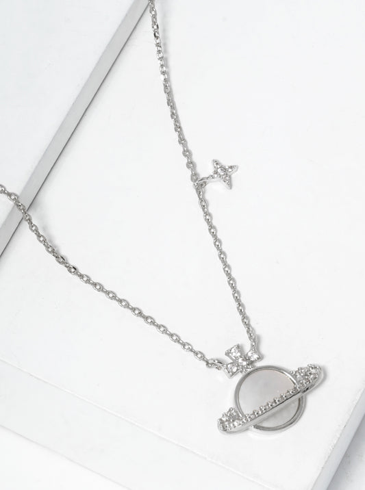 White Gold Dipped CZ Pave MOP Saturn Pendant Necklace