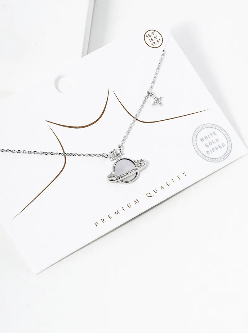 White Gold Dipped CZ Pave MOP Saturn Pendant Necklace