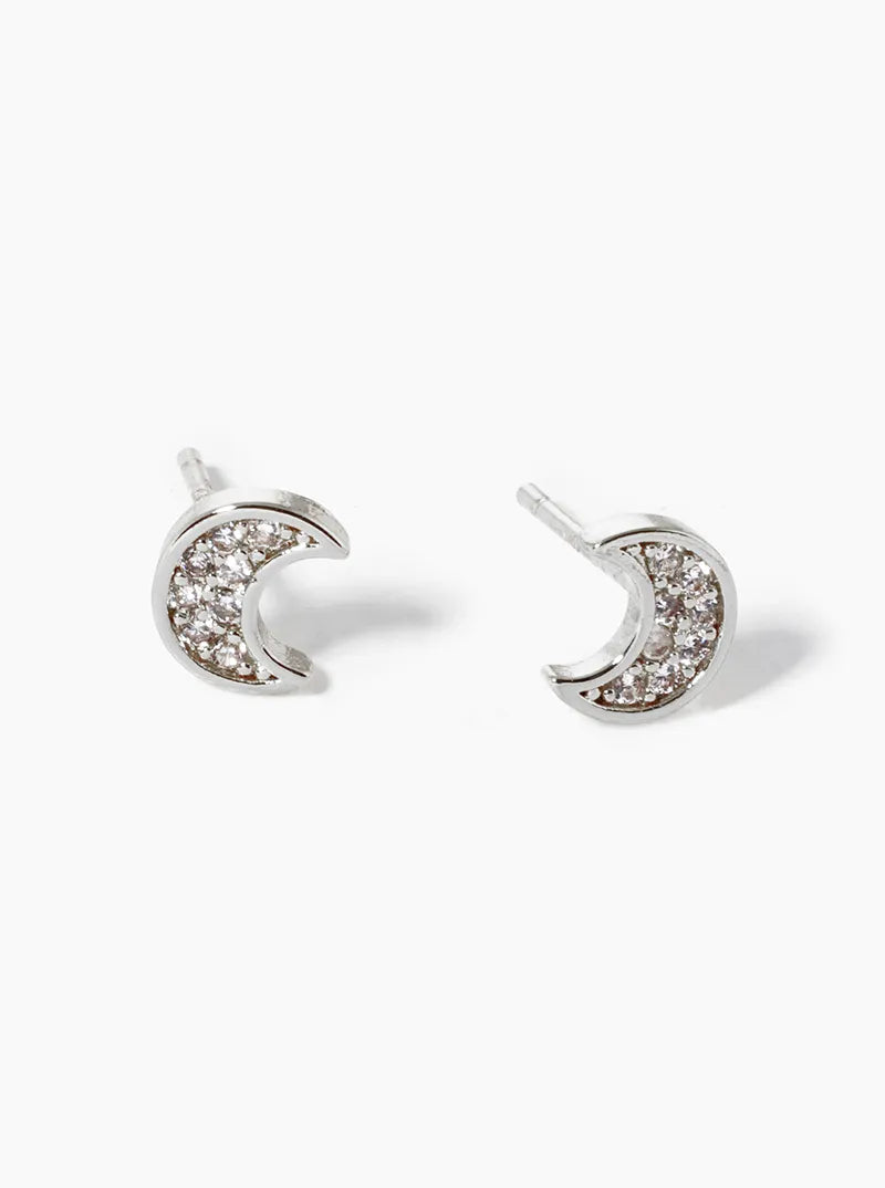 White Gold Dipped CZ Pave Moon Post Stud Earrings