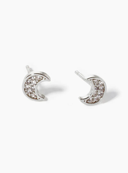 White Gold Dipped CZ Pave Moon Post Stud Earrings