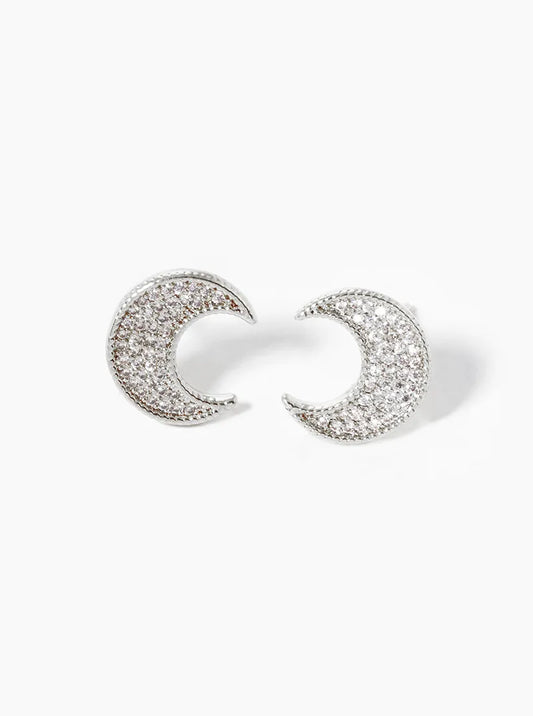 White Gold Dipped CZ Pave Moon Post Stud Earrings