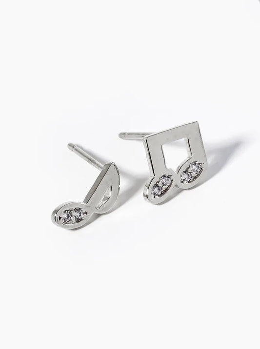 White Gold Dipped CZ Pave Musical Notes Post Stud Earrings
