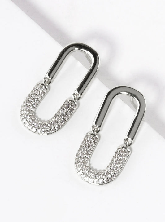 White Gold Dipped CZ Pave Oval Post Earrings