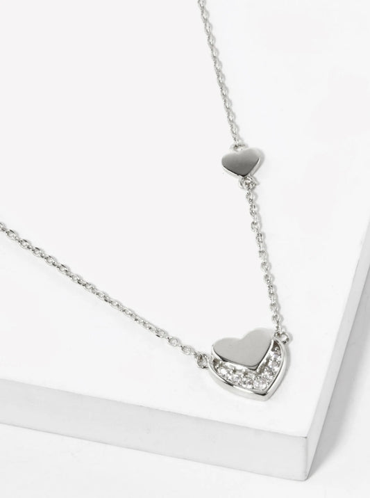 White Gold Dipped CZ Pave Overlapped Two Heart Pendant Necklace