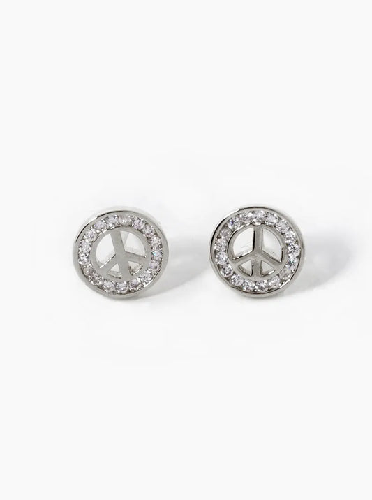 White Gold Dipped CZ Pave Peace Sign Stud Earrings