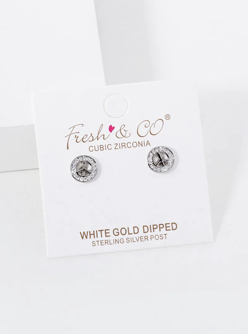 White Gold Dipped CZ Pave Peace Sign Stud Earrings