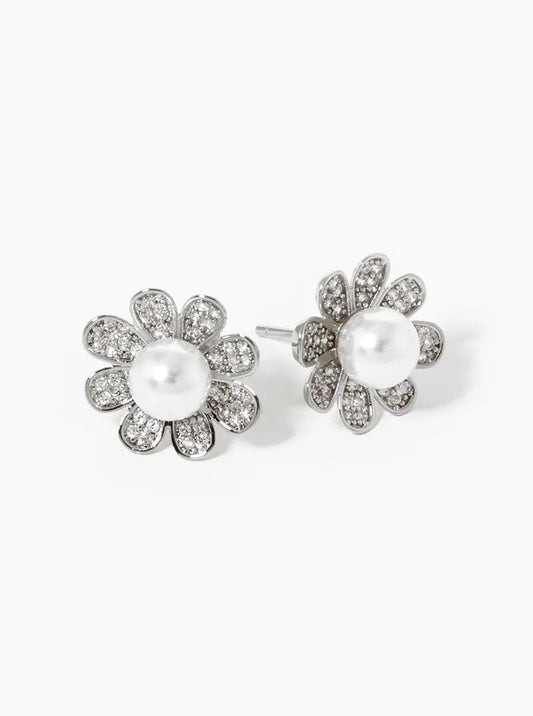 White Gold Dipped CZ Pave Pearl Flower Stud Earrings