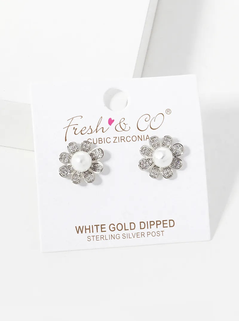 White Gold Dipped CZ Pave Pearl Flower Stud Earrings