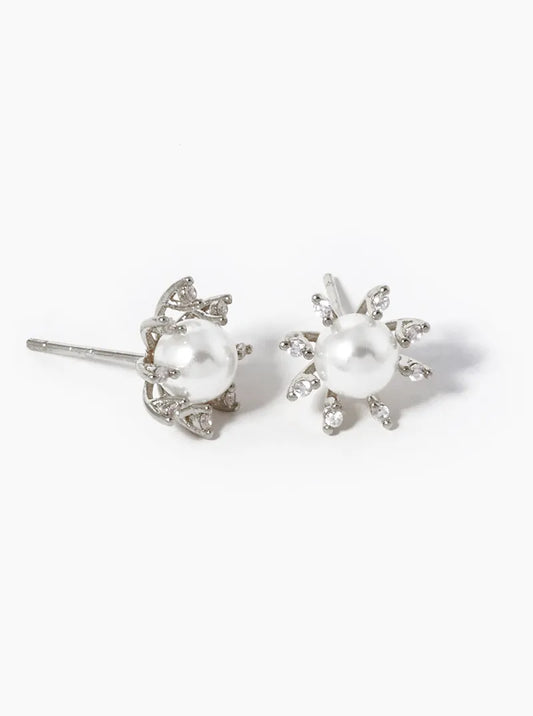White Gold Dipped CZ Pave Pearl Flower Stud Earrings