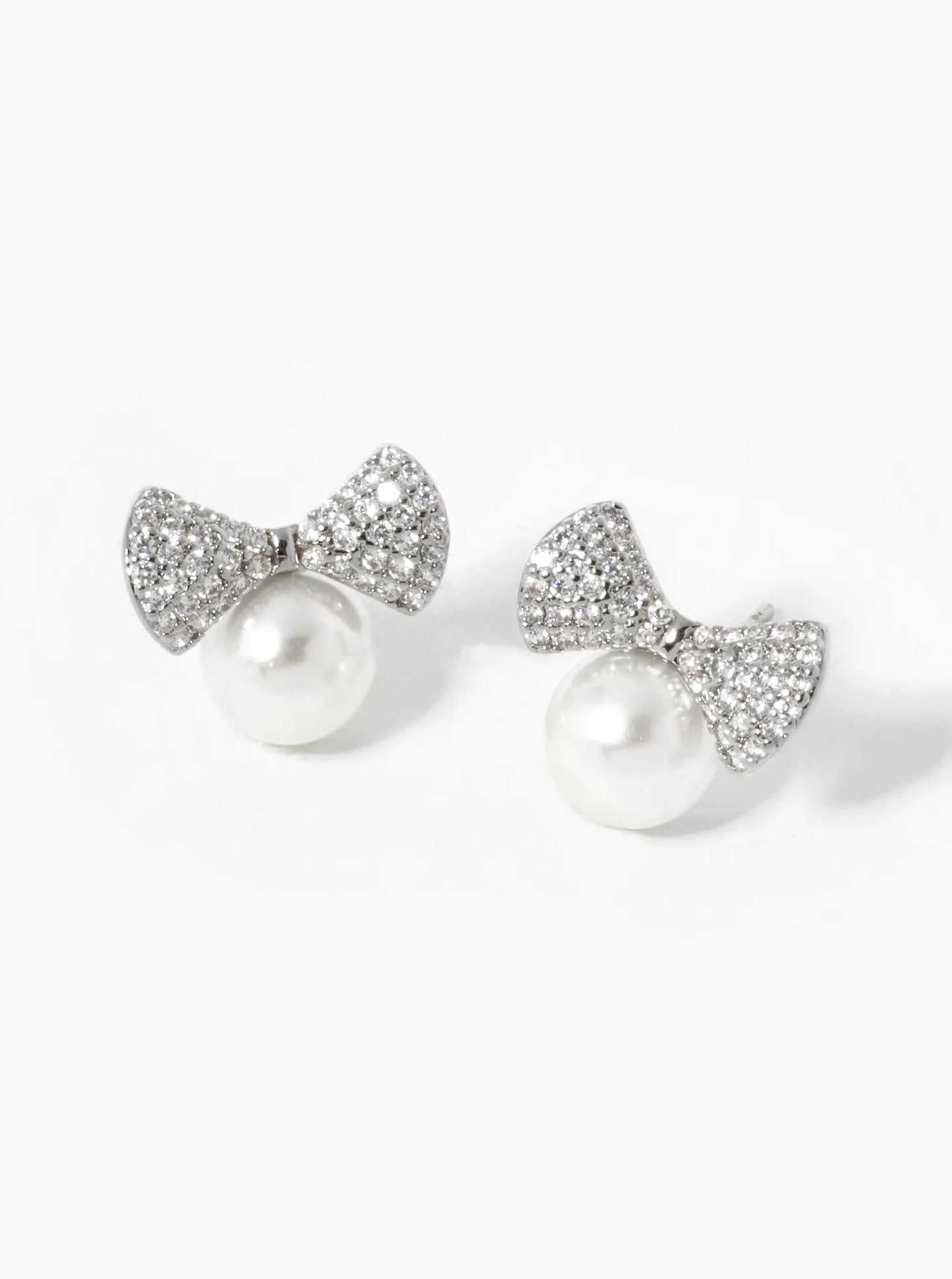 White Gold Dipped CZ Pave Pearl Ribbon Bow Stud Earrings