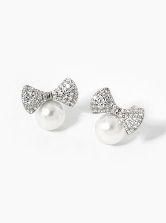 White Gold Dipped CZ Pave Pearl Ribbon Bow Stud Earrings