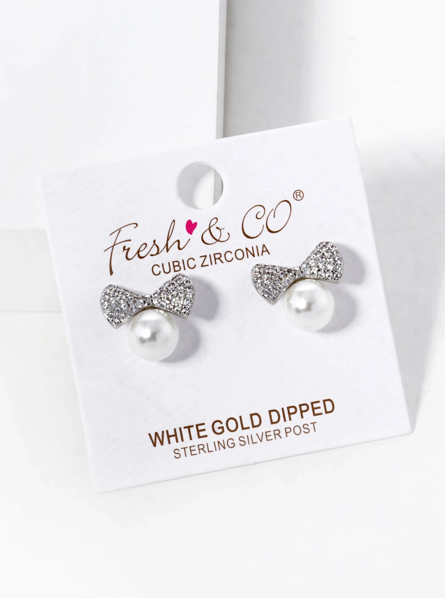 White Gold Dipped CZ Pave Pearl Ribbon Bow Stud Earrings