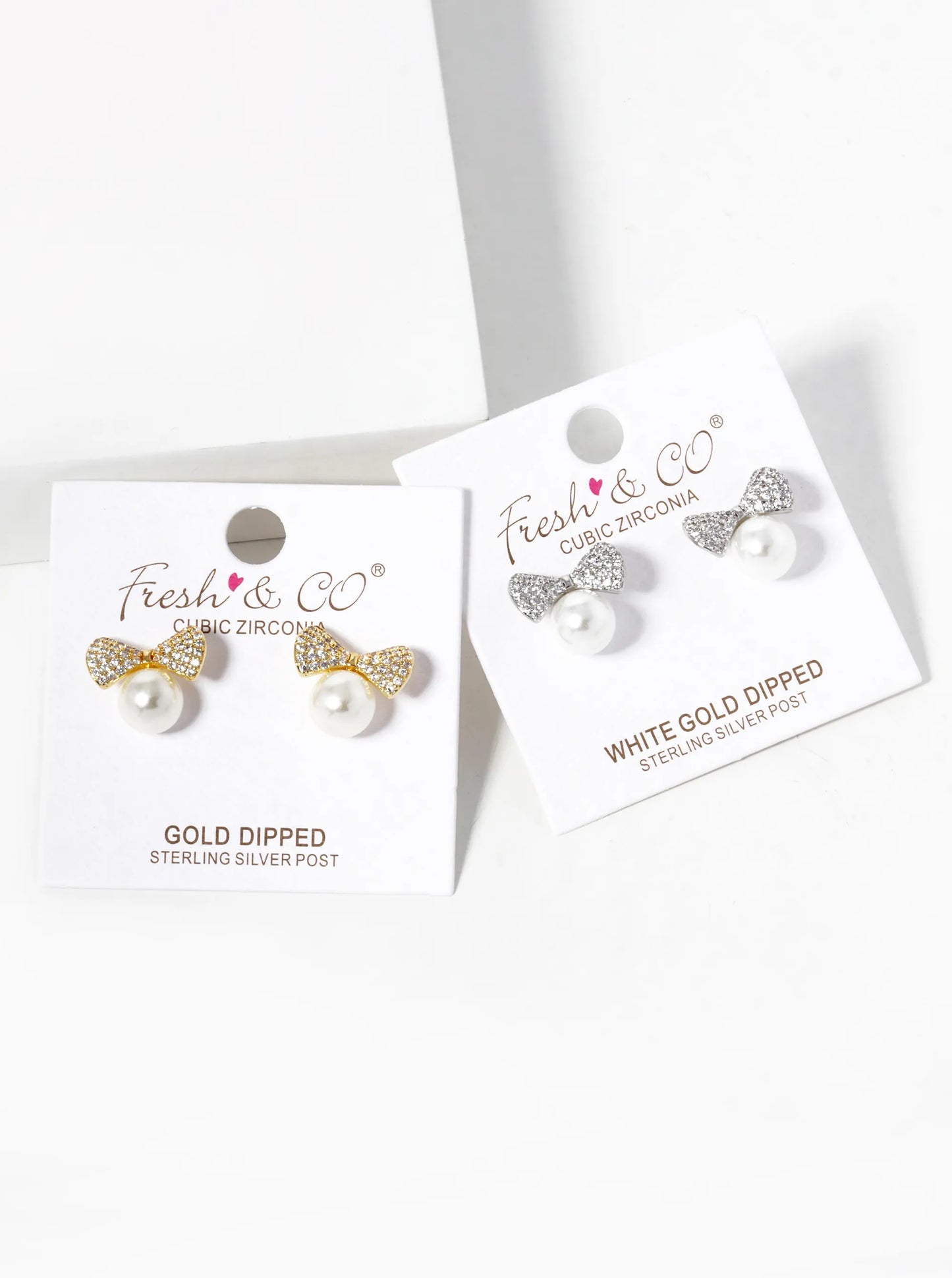 White Gold Dipped CZ Pave Pearl Ribbon Bow Stud Earrings