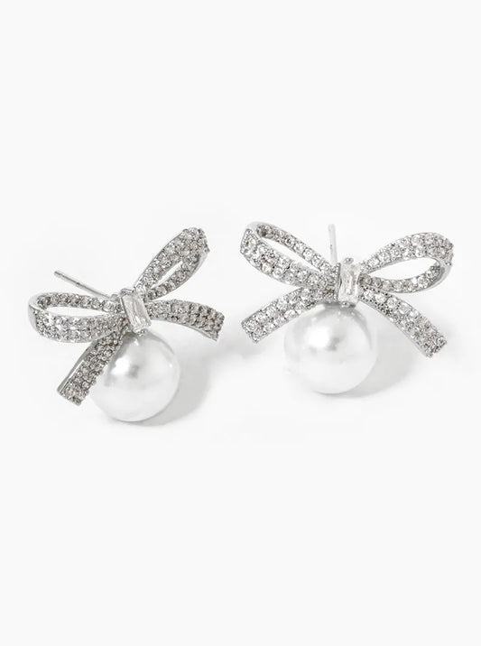 White Gold Dipped CZ Pave Pearl Ribbon Bow Stud Earrings