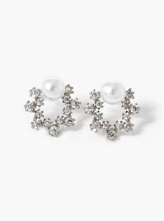 White Gold Dipped CZ Pave Pearl Wreath Stud Earrings