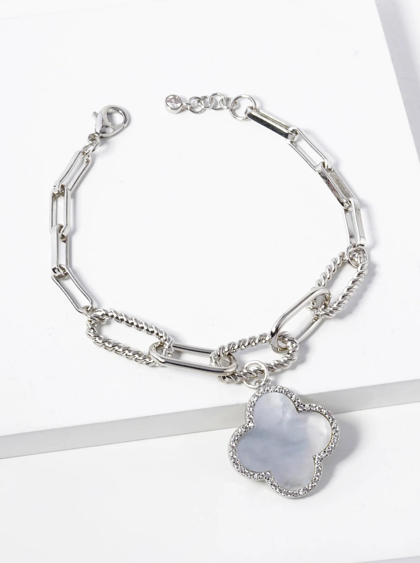 White Gold Dipped CZ Pave Quatrefoil Charm Chain Bracelet
