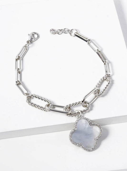White Gold Dipped CZ Pave Quatrefoil Charm Chain Bracelet
