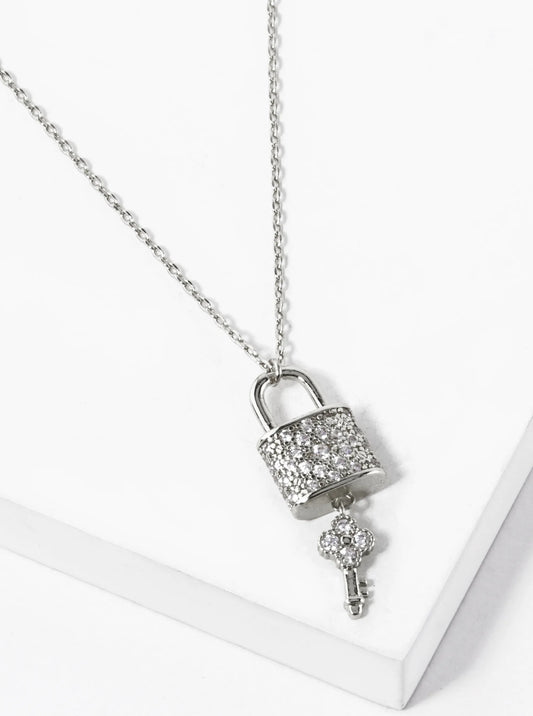 White Gold Dipped CZ Pave Quatrefoil Key And Lock Pendant Necklace