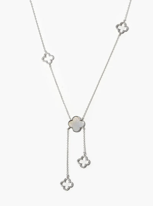 White Gold Dipped CZ Pave Quatrefoil Lariat Necklace