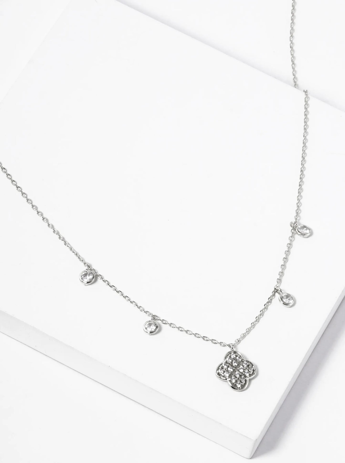 White Gold Dipped CZ Pave Quatrefoil Pendant Necklace