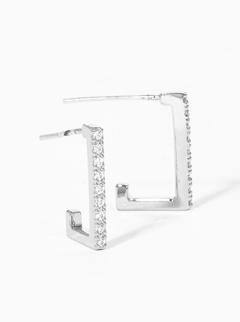 White Gold Dipped CZ Pave Rectangle Brass Earrings With Sterling Silver Post