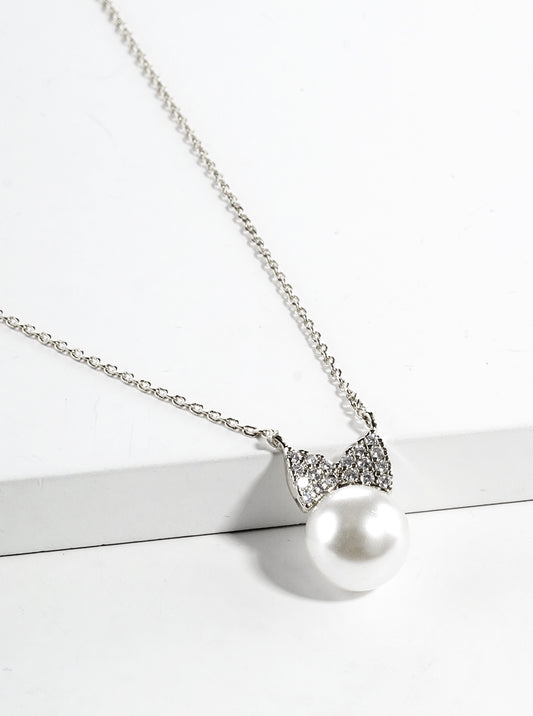 White Gold Dipped CZ Pave Ribbon Bow Pearl Pendant Necklace