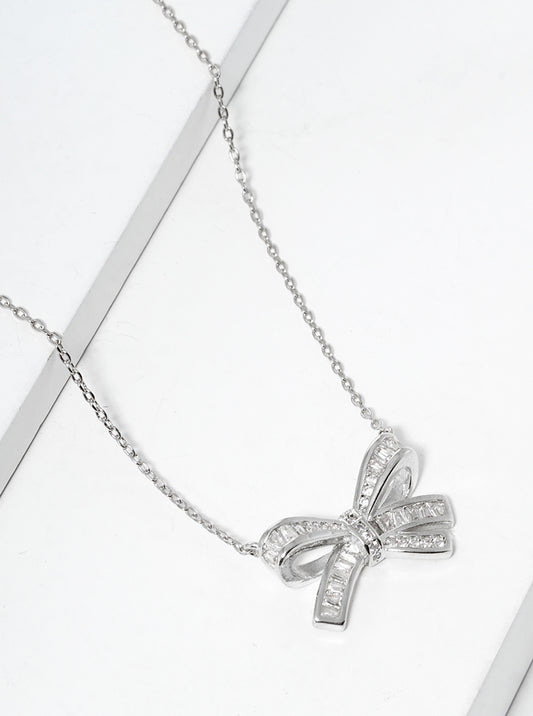 White Gold Dipped CZ Pave Ribbon Bow Pendant Necklace