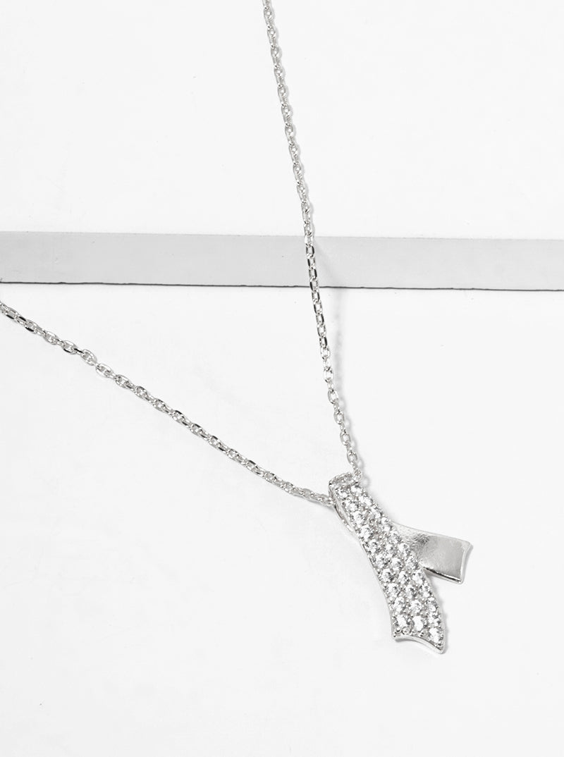 White Gold Dipped CZ Pave Ribbon Bow Pendant Necklace