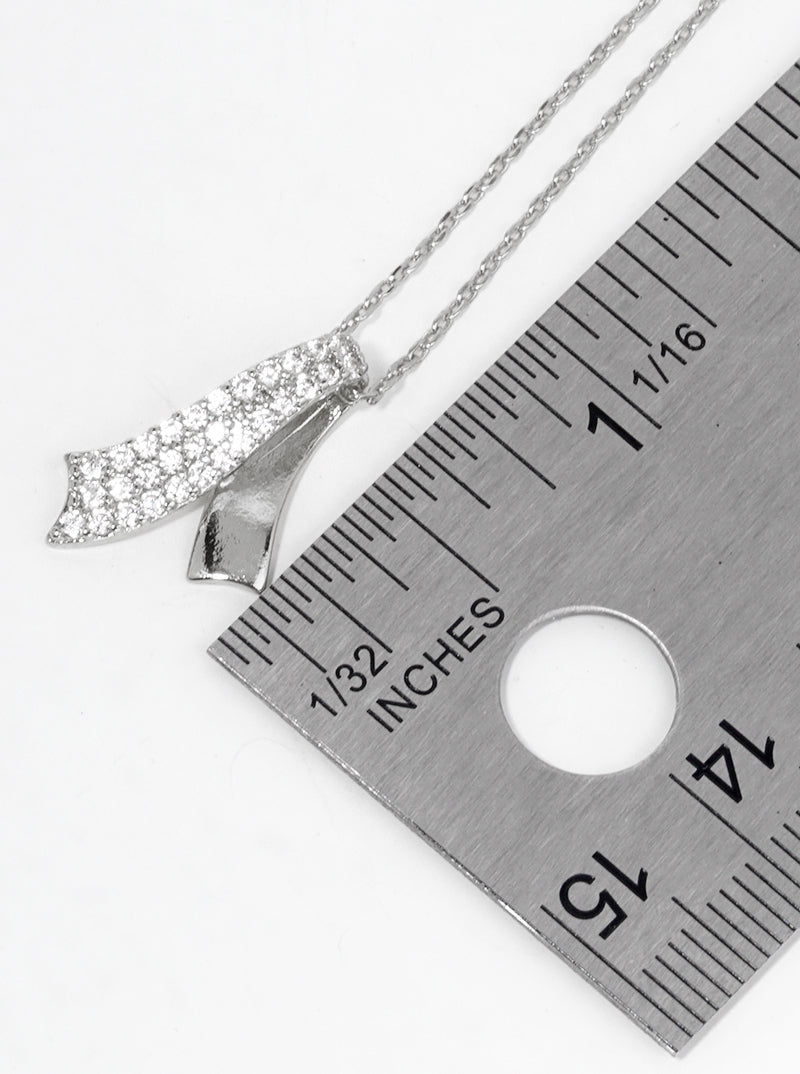 White Gold Dipped CZ Pave Ribbon Bow Pendant Necklace