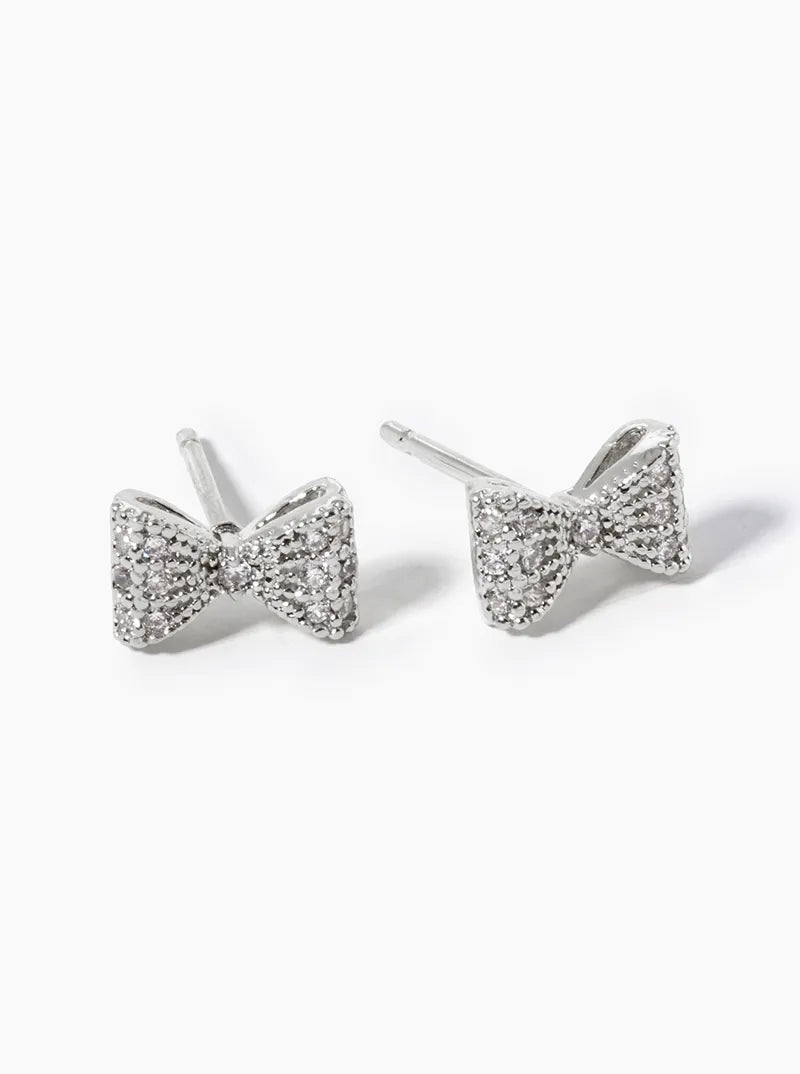 White Gold Dipped CZ Pave Ribbon Bow Post Stud Earrings