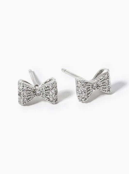 White Gold Dipped CZ Pave Ribbon Bow Post Stud Earrings