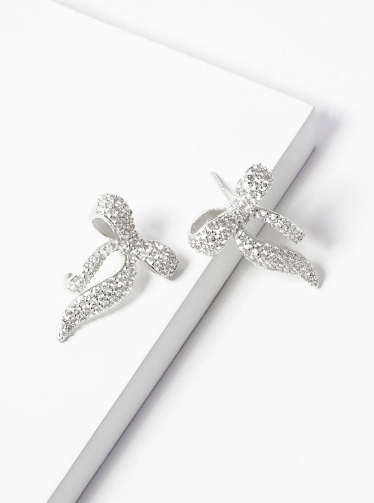 White Gold Dipped CZ Pave Ribbon Bow Stud Earrings