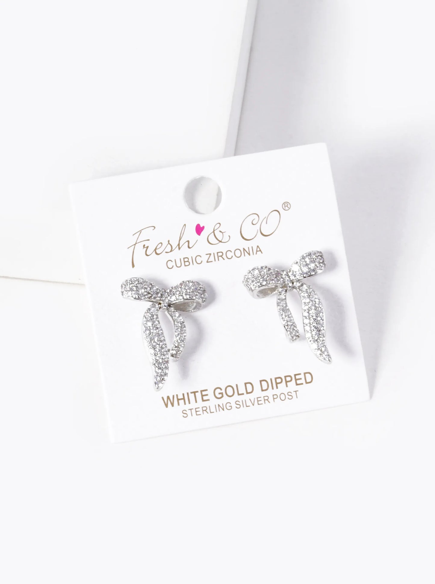 White Gold Dipped CZ Pave Ribbon Bow Stud Earrings