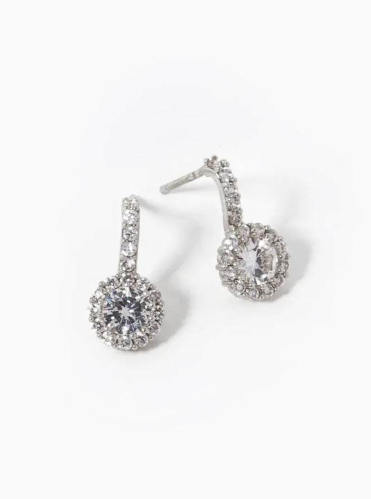 White Gold Dipped CZ Pave Round Drop Stud Earrings