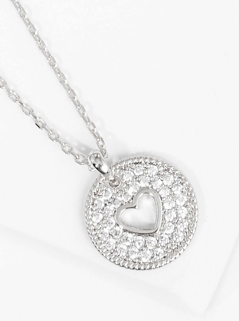 White Gold Dipped CZ Pave Round Heart Pendant Necklace