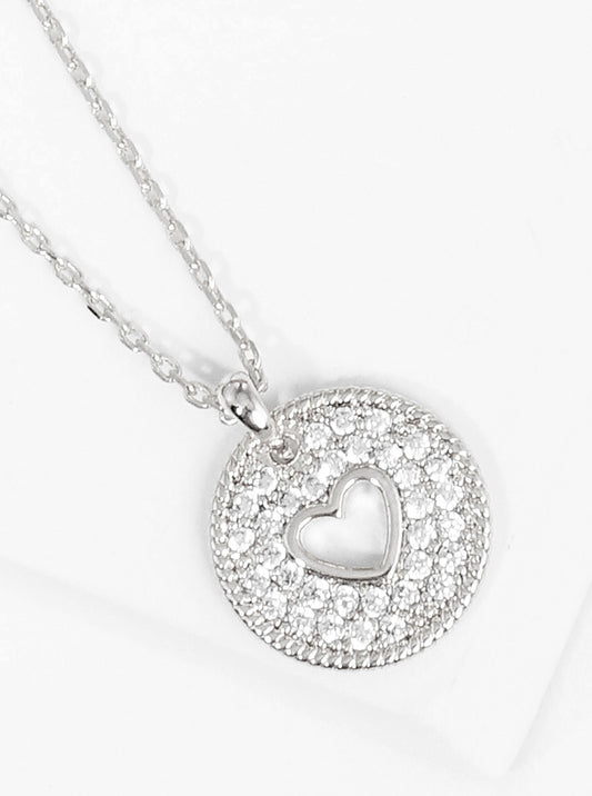 White Gold Dipped CZ Pave Round Heart Pendant Necklace