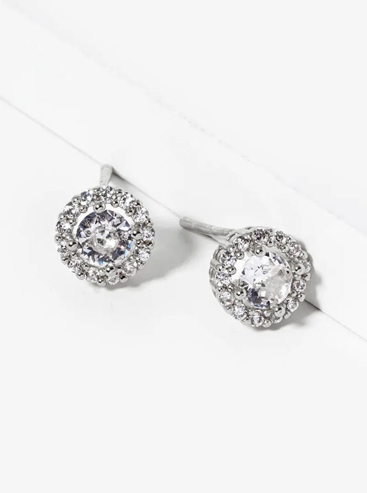 White Gold Dipped CZ Pave Round Post Stud Earrings