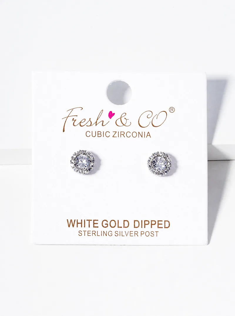 White Gold Dipped CZ Pave Round Post Stud Earrings