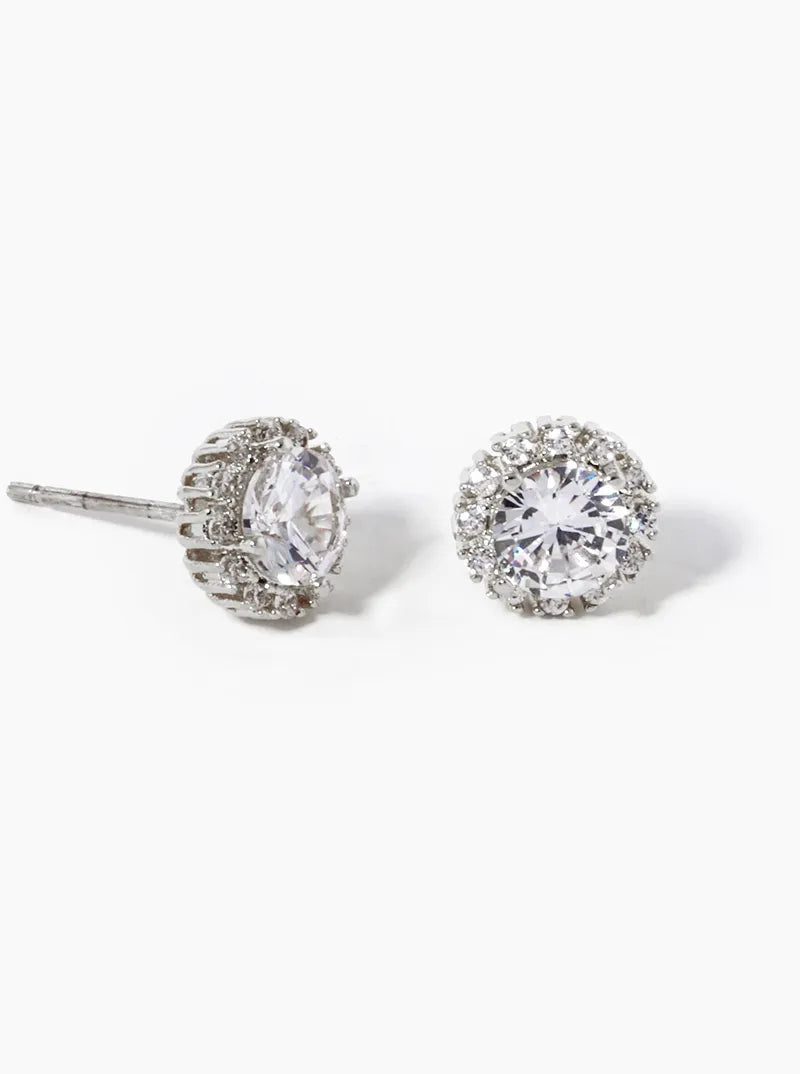 White Gold Dipped CZ Pave Round Stud Earrings